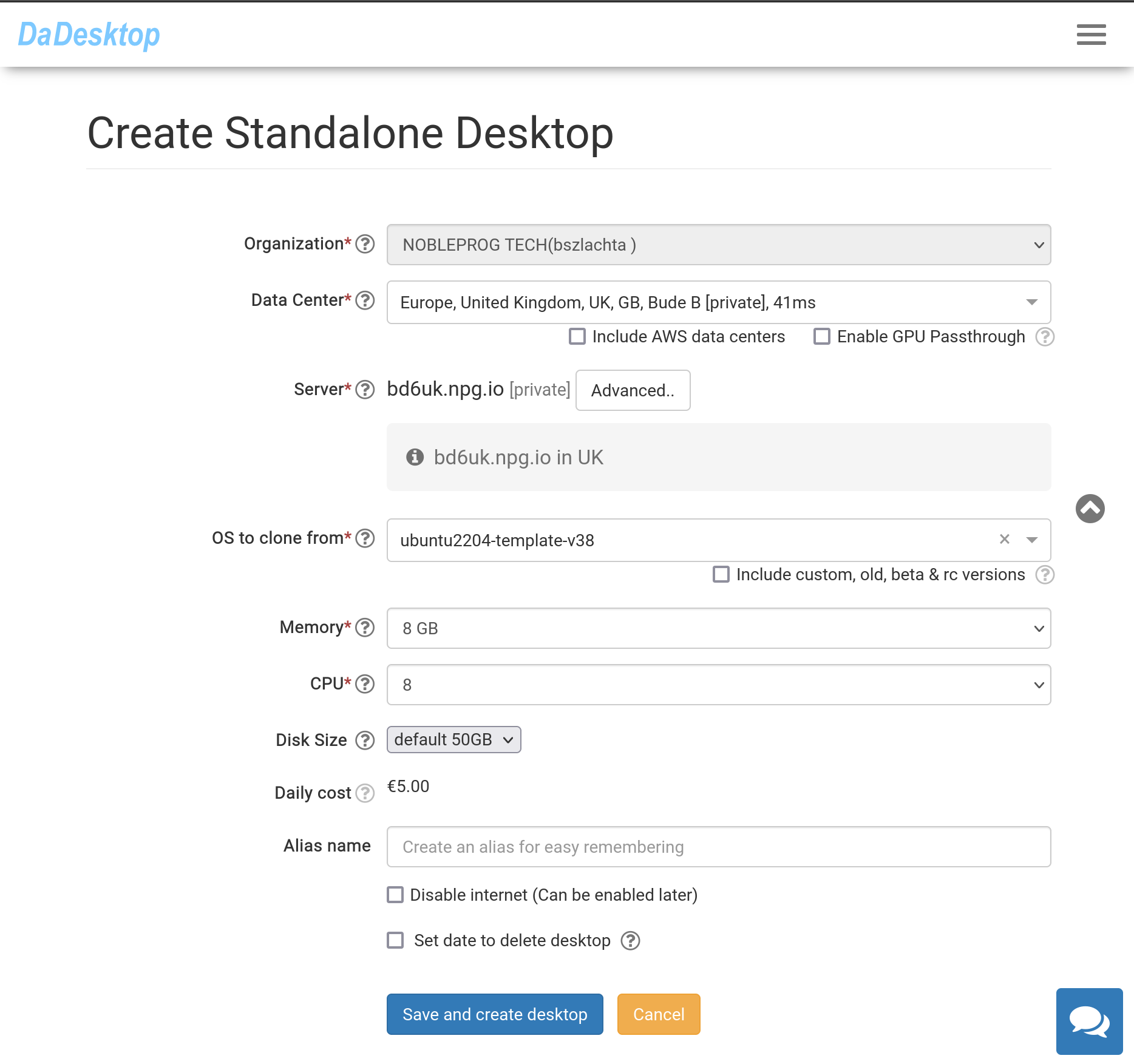 Create New Standalone Desktop